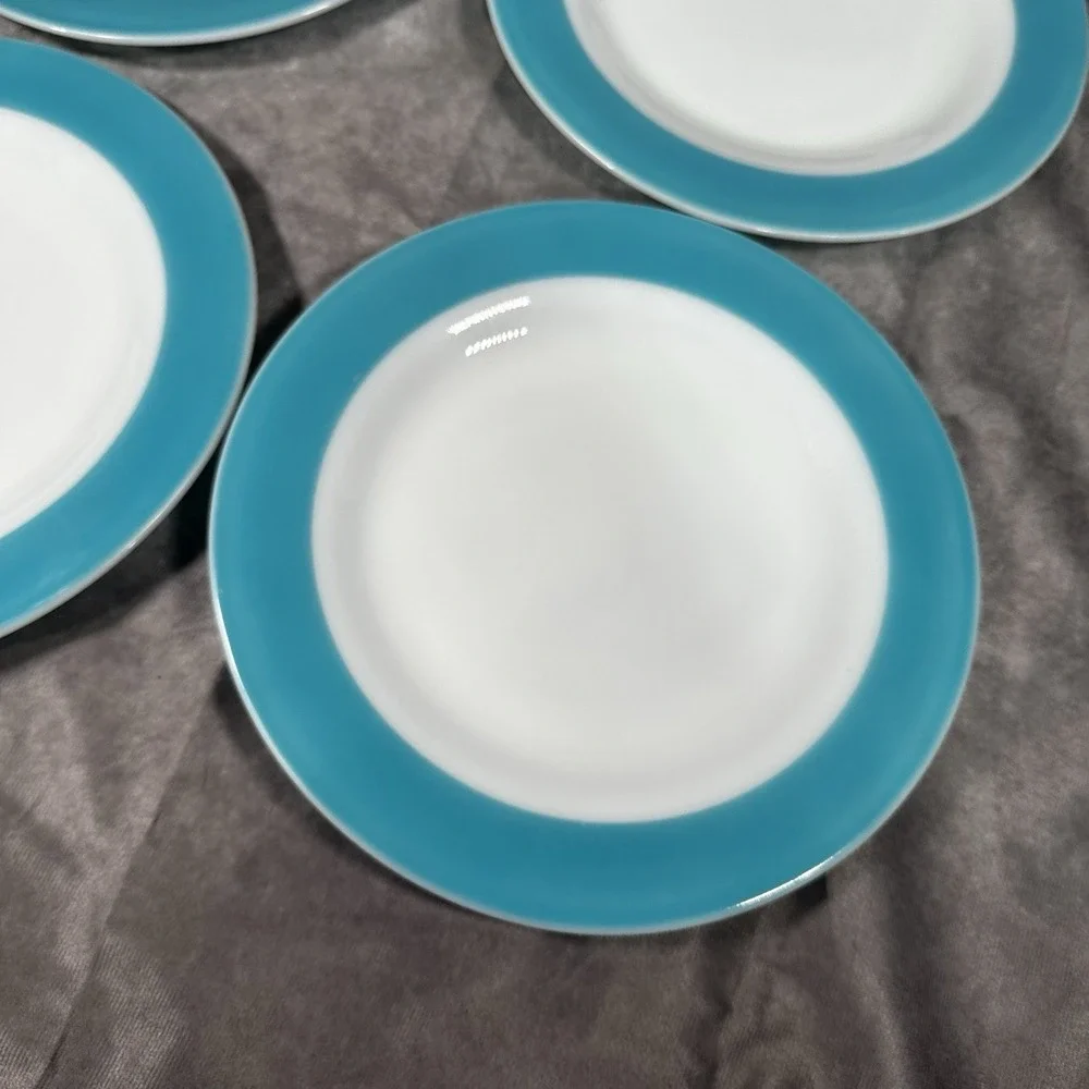 4 Pyrex Milk Glass Turquoise Aqua Wide Rim‎ Band Dinner Plates 9.75